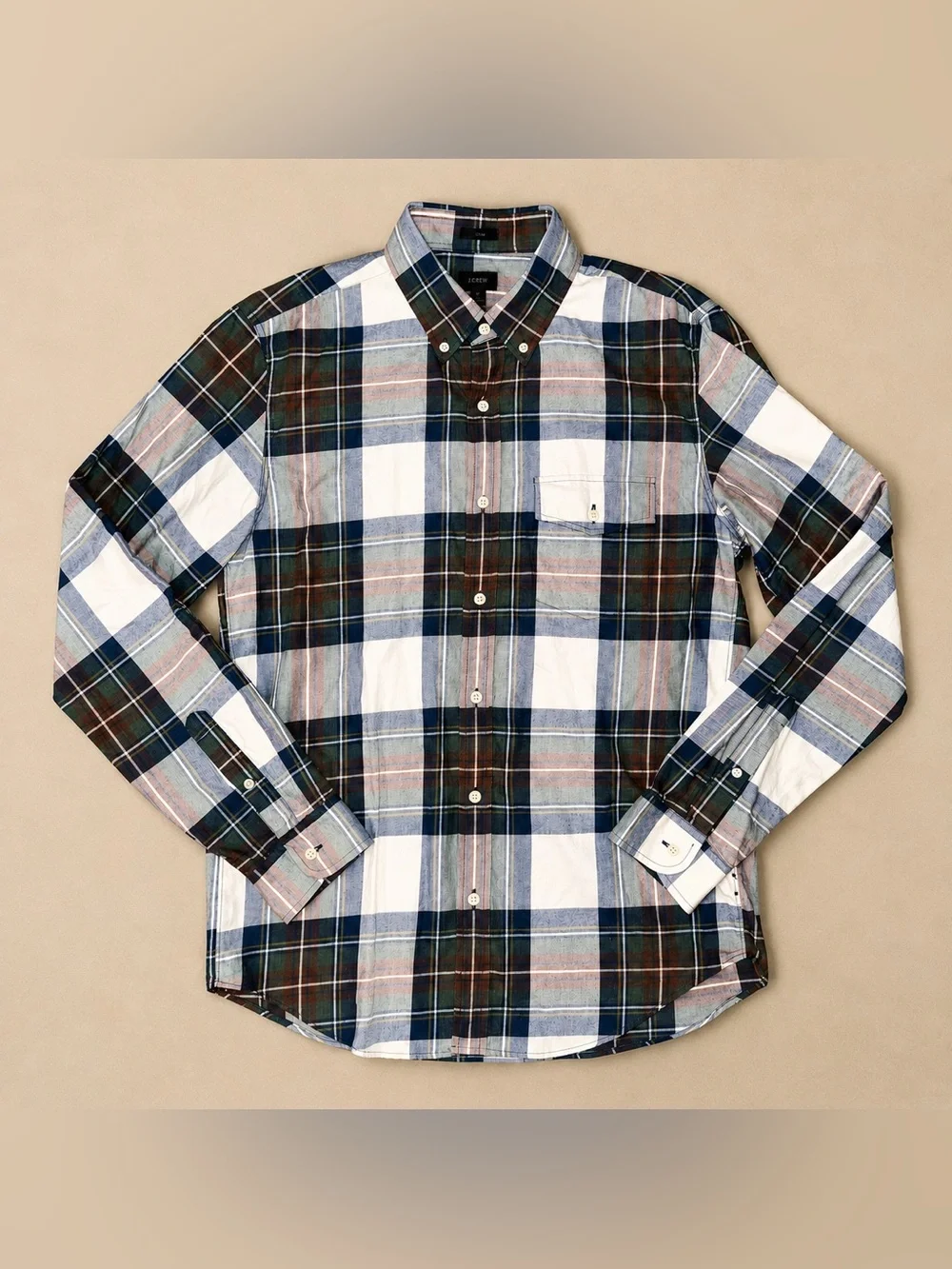 J. Crew Men’s Plaid Button Up Shirt Long Sleeve 100% Cotton Green Navy Size M